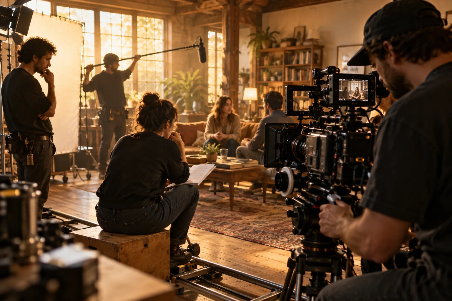 An independent film crew setting up a cinema camera on set